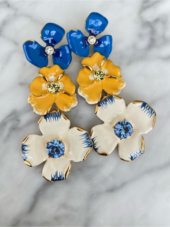 Kenneth Jay Lane Jewelry - Kenneth Jay Lane Blue, Yellow & White Triple-Flower Drop Earrings